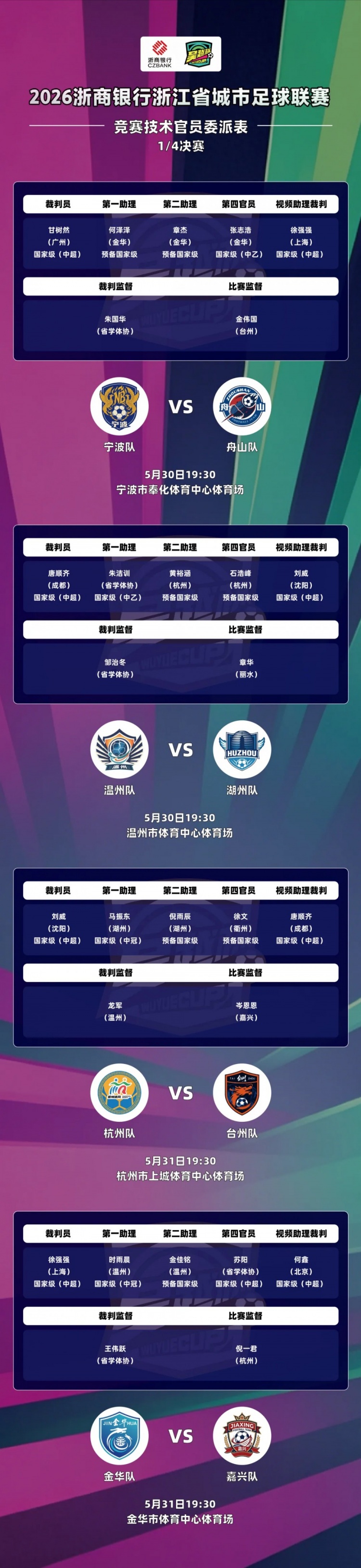吳越杯四分之一決賽外省中超裁判全覆蓋，唐順齊、甘樹然分別執(zhí)法